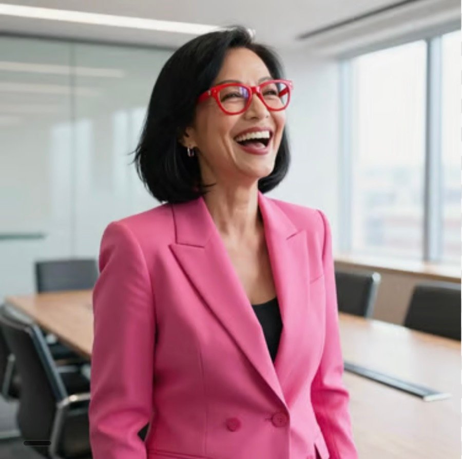 A woman in a pink suit and red glasses, laughing in a boardroom