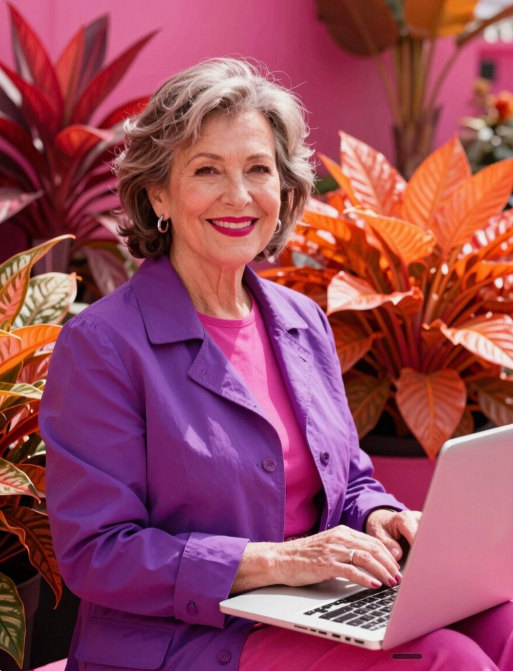 A woman in a purple coat working outdoors, laughing, surrounded by colour