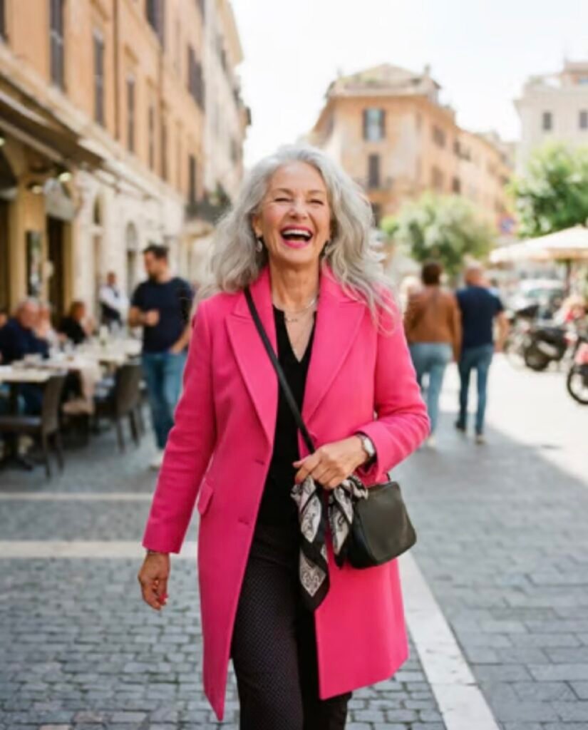 A woman in a fuchsia coat, laughing, walking a European street