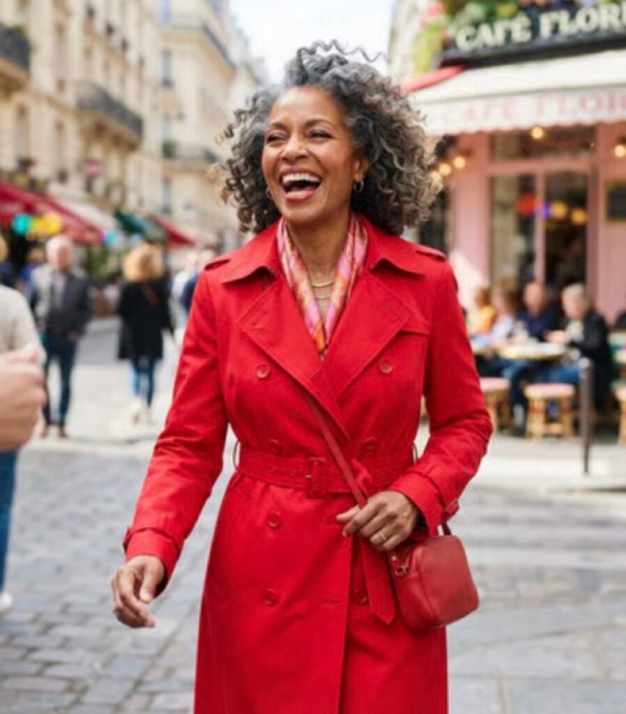 A woman in a red trench coat, laughing outside a Paris cafe
